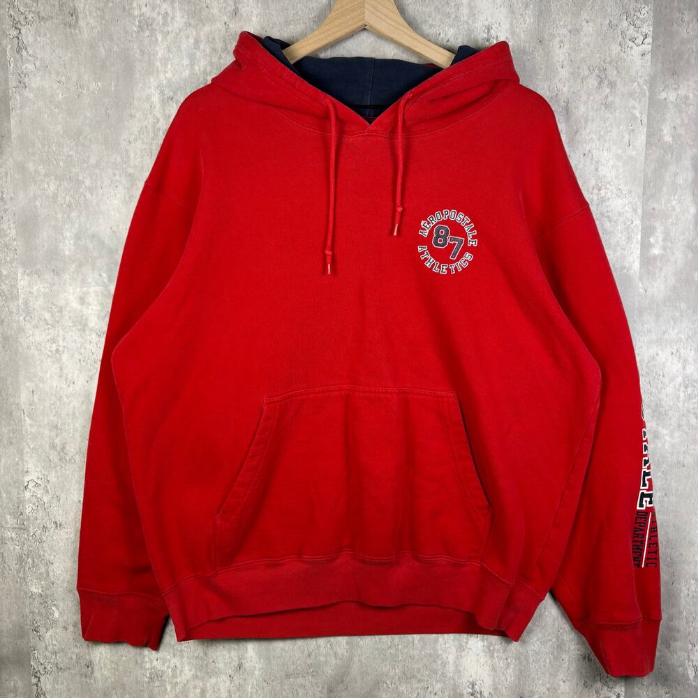 Y2K Mens Red 87 Aeropostale Athletics Spellout Sleeve Hoodie L